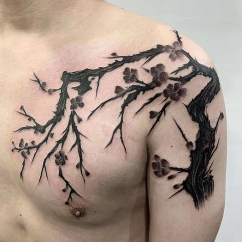 Top 57+ Best Tree Branch Tattoo Ideas - [2021 Inspiration Guide] Tree Branch Chest Tattoo, Tree Chest Tattoo For Men, Tree Limb Tattoo, Branches Tattoo Men, Tree Vines Tattoo, Vine Shoulder Tattoo Men, Tree Branch Tattoo Men, Cherry Blossom Chest Tattoo Men, Chest Tree Tattoo