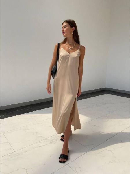 vanilla girl effortless aesthetic essential night out essential Effortless Aesthetic, Midi Silk Dress, Satin Cami Dress, Boxy Shirt, Satin Style, Beige Silk, Vanilla Girl, Cowl Neck Dress, Midi Slip Dress