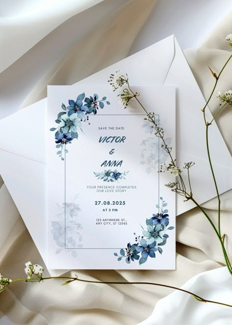 Celebrate your love with the captivating allure of nature! Our Blue Wildflower Wedding Invitation Template evokes the tranquility of a wildflower meadow in full bloom. Its rustic charm and delicate blue wildflowers perfectly capture the essence of an elegant celebration.  This editable digital template allows you to personalize your invitation, making it a unique reflection of your love story.   Announce your big day with this printable invitation, setting the stage for an unforgettable garden wedding or a cozy barn reception.  .#WeddingInvitations #DIYWedding #WeddingStationery #WeddingInspiration #WeddingPlanning Blue Winter Wedding Invitations, Blue Wildflower Wedding, Blue Wedding Invites, Wedding Invitations Blue, Blue Wildflowers, Wedding Invitation Digital, Outdoor Garden Wedding, Wildflower Wedding Invitations, Line Art Flowers