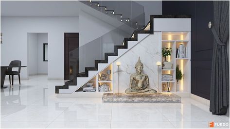 Get your home designed at Furdo now! Buddha Statue Under Staircase, Under Staircase Ideas, Living Room Under Stairs, Under Staircase, Zen Corner, Room Under Stairs, Space Under Stairs, Foyer Staircase, Wooden Cladding