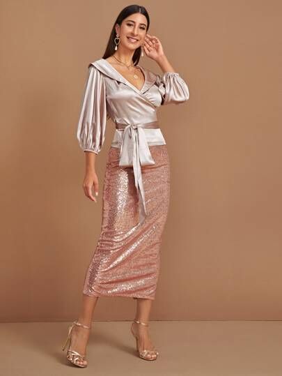 Search sequin skirt | SHEIN USA Sequin Pencil Skirt, Wrap Belt, Satin Top, Fashion Sale, Shawl Collar, Clothing Women, Skirt Set, Sequin Skirt, Pencil Skirt