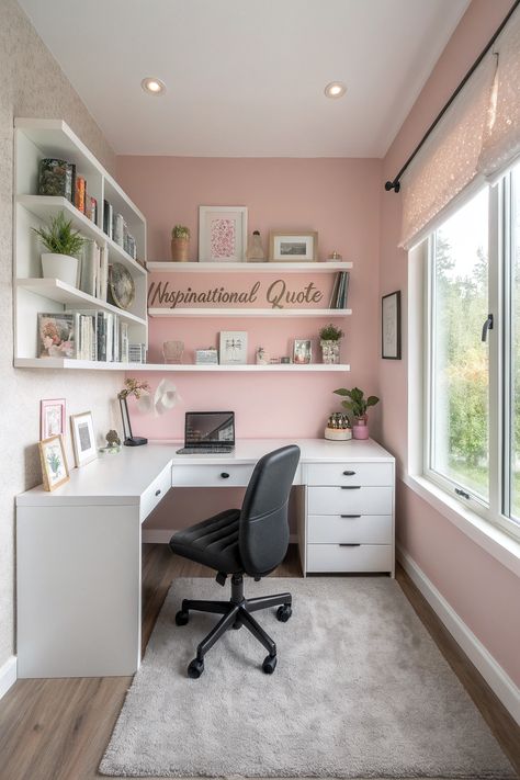 Pink Bathroom Decor Ladies Room Decor Ideas, Pink Home Office Ideas Modern, Pink And Black Home Office, Blush Pink Home Office, Home Office Setup In Living Room, Pink And Grey Office Ideas, Office Collage Wall, Office Setup In Bedroom, Elegant Pink Room