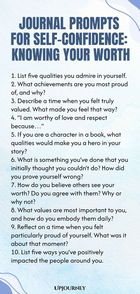 Explore these empowering journal prompts for self-confidence and discover your true worth. Dive deep into self-reflection, embrace your unique talents, and nurture a positive self-image. Self-discovery awaits as you embark on this journey of building self-confidence from within. Start journaling today to boost your confidence and shine bright! Self Worth Shadow Work Prompts, Journal Prompt For Confidence, Self Worth Prompts, Journal Prompts For Self Confidence, Journal Prompts For Self Worth, Business Journal Prompts, Building Self Worth, Self Worth Journal Prompts, How To Build Self Confidence