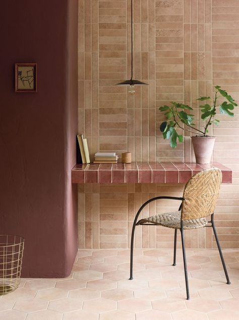 Living Room Tiled Wall, Terracotta Wall Tiles Kitchen, Modern Terracotta Bathroom, Brick Bathroom Floor, Hexagon Tile Bathroom Floor, Hallway Tiles, Terracotta Floor Tiles, Bold Interior, Brick Wall Tiles