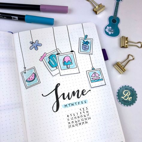 All set up in my bullet journal for June! I knew I wanted the theme to be related to summer. So, in the end I decided to go with a… Bolt Journal, Minimalist Bullet Journal, Bullet Journal Month, Bullet Journal Page, Bullet Journal 2019, Diary Ideas, Bullet Journal Themes, Bullet Journal Art, Journal Quotes