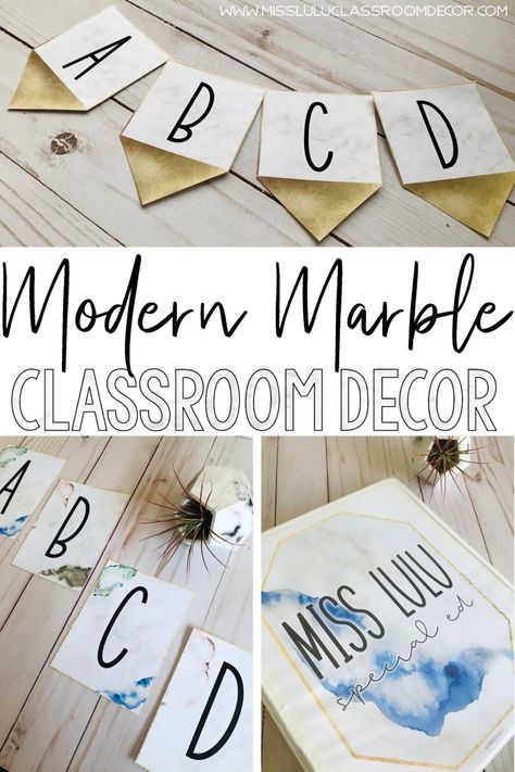 This unique modern decor set includes everything make you classroom stand out! The Modern Marble decor set features marble Decor For Classroom, Elementary Classroom Themes, Work Bins, Modern Quotes, Classroom Makeover, Theme Inspiration, Modern Classroom, Spelling Patterns, Writing Instruction