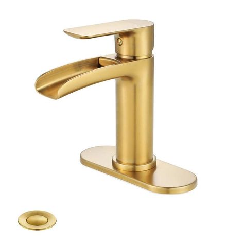 Gold Faucet Bathroom, Contemporary Bathroom Decor, Brass Bathroom Faucets, Gold Faucet, Bathroom Faucets Waterfall, Wall Mount Faucet Bathroom, Faucet Design, Waterfall Faucet, Single Handle Bathroom Faucet