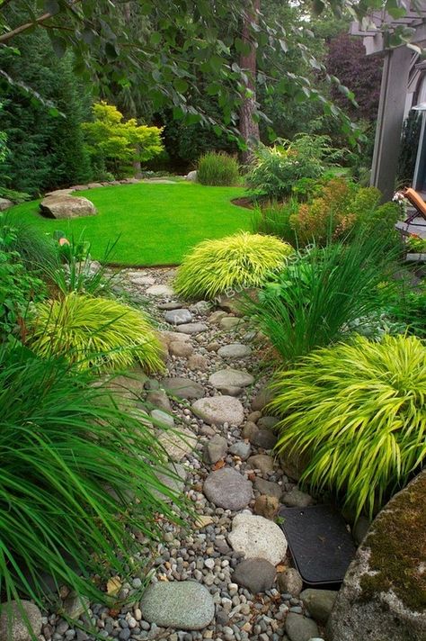 Serene Garden Designed by Sander Groves landscapes, Inc.~ The dry streambed of river rocks that seems to flow from one lawn-pond to the other in the upper, contemplative area of this small suburban backyard east of Seattle. Japanese Gardens Design Ideas, Small Japanese Garden, Japanese Garden Landscape, Landscape Gardening, Japanese Garden Design, Have Inspiration, Rain Garden, Traditional Landscape, Garden Pathway