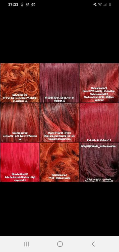 Wella Color Formulas Copper Red Hair, Red Hair Formulas, Wella Formulas, Dark Red Hair Color, Wella Hair Color, Copper Red Hair, Redken Hair Color, Shades Of Red Hair, Color Formulas