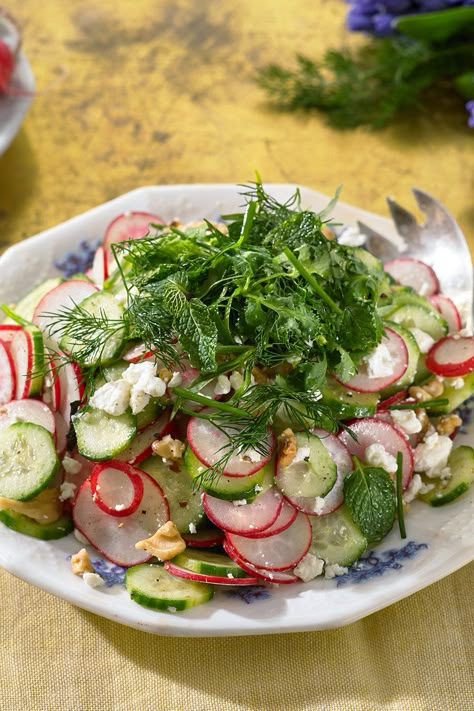 NYT Cooking: This light, crunchy salad is inspired by sabzi khordan, the heaping platter of fresh herbs, radishes, walnuts and feta cheese that accompanies nearly every Persian meal. Salad With Dill And Feta, Sabzi Khordan, Persian Salad, Radish Cucumber, Walnuts Recipe, Vegan Feta, Fire Candle, Cooking Herbs, Salad With Feta