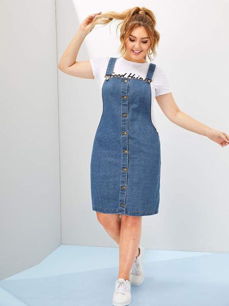 Shein Plus Button Front Dungaree Dress Jeans Dungarees Outfits, Denim Dungaree Dress Outfit, Dungaree Dress Outfit, Dresses Wardrobe, Denim Tube Dress, Material Styles, Denim Dungaree Dress, Denim Party, Denim Pinafore Dress