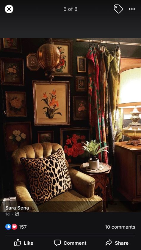 Moody Gallery Wall, Romantic Eclectic, Moody Maximalism, Red Bookshelf, Mustard Chair, Moody Maximalist, Floral Gallery Wall, Vintage Maximalist Decor, Vintage Maximalism