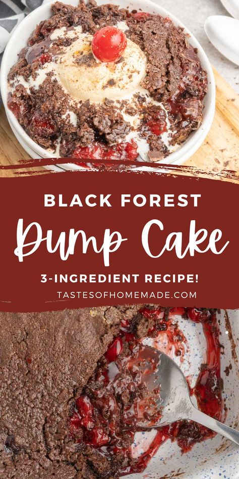 Black Forest dump cake is a quick and easy dessert with just 3 ingredients.  This chocolate cherry cake uses cans of cherry pie filling, chocolate cake mix, and butter to create a delicious take on the traditional Black Forest cake.  Much like a cobbler, this easy recipe combines a sweet cherry filling with a rich and gooey cake with a crunchy crust.  It is perfect with a dollop of whipped cream or a scoop of ice cream. Chocolate Box Cake With Cherry Pie Filling, Black Forest Dump Cake 4 Ingredients, Black Forest Dump Cake Recipes, Chocolate Cherry Dump Cake Recipes, Easy Dump Cake Recipes 3 Ingredients, Cherry Dump Cake Recipes 3 Ingredients, Black Forest Cake Easy Recipes, Black Forest Dump Cake, Easy Black Forest Cake