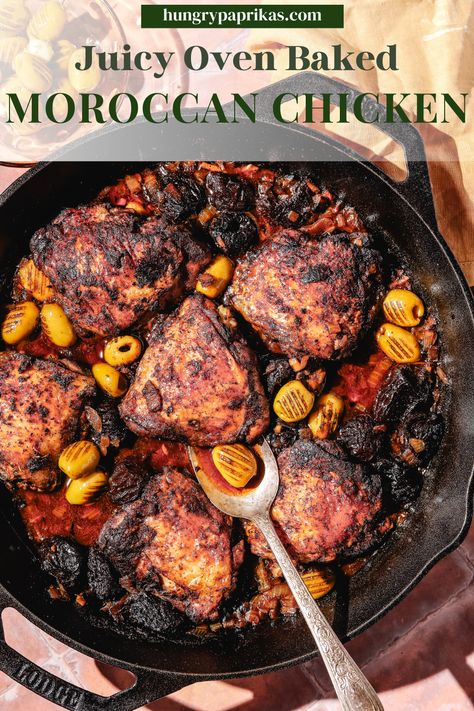 Cast iron pan with moroccan chicken and a metal spoon Caption reads: juicy oven baked moroccan chicken Chicken With Prunes, Moroccan Chicken Recipe, Ramadan Recipes Iftar, Prune Recipes, Paprika Recipes, Middle Eastern Salads, Funky Chicken, Moroccan Recipes, Chicken Crispy