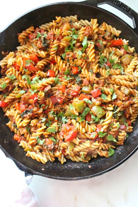 Soyrizo Recipes, Vegan Pasta Dishes, Vegan Pasta Dish, Chopped Veggies, Vegan Beef, Garlic Pasta, Vegan Cream Cheese, Savory Vegan, Fire Roasted Tomatoes