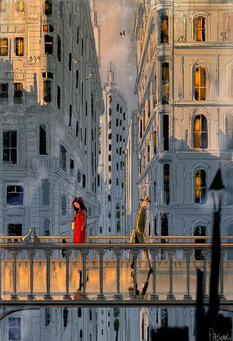 We call it "OUR” bridge now.  #pascalcampion Pascal Campion Art, Pretty Stars, Night Pic, Pascal Campion, New Yorker Covers, 판타지 아트, Photo Photography, New Yorker, Animation Art