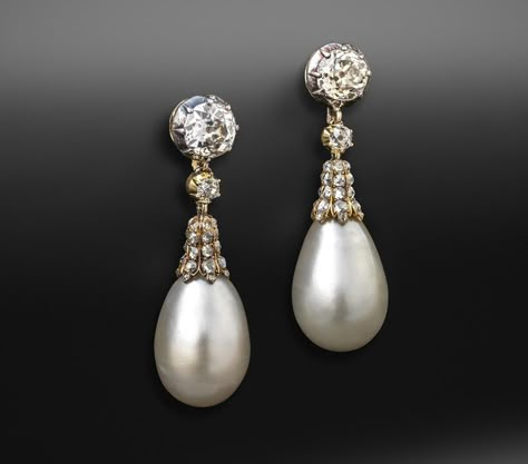 A pair of natural pearl and diamond drop earrings | Woolley and Wallis Pearl And Diamond Jewelry, Delicate Pearl Earrings, Pearl Diamond Earrings, Big Hoop Earrings, Pearl And Diamond Earrings, Classy Jewelry, Natural Pearl, Antique Earrings, Dangling Earrings