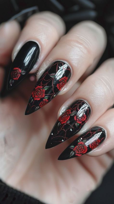 Red And Black Nails Rose, Moody Red Nails, Dark Romance Nails Ideas, Lace Nail Art Designs, Moody Wedding Nails, Red Black Nails Acrylic, Red And Black Wedding Nails, Steam Punk Nails, Dark Romance Nails