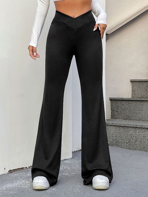 Black Casual Collar  Knitted Fabric Plain Flare Leg Embellished Medium Stretch  Women Clothing Formal Wear Dresses, Stylish Pants, Printed Blazer, Flare Leg Pants, Maxi Dress Formal, Waist Pants, Plus Dresses, Easy Wear, Flare Pants