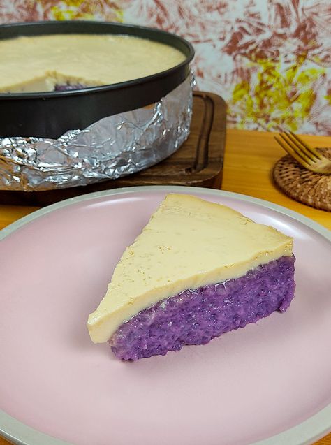 Ube Biko with Custard Flan - Yummy Kitchen Ube Food, Condensed Milk Flan, Ube Condensed Milk, Ube Custard, Ube Biko, Custard Flan, Sticky Rice Cake, Bolu Cake, Yummy Kitchen