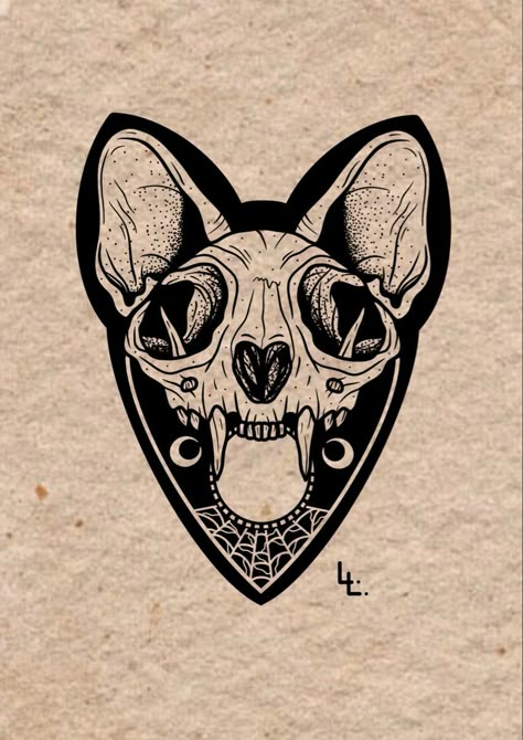 Ouija Board Planchette Drawing, Ouija Planchette Tattoo Design, Quija Board Tattoo, Oujia Board Tattoos, Ouija Board Planchette Tattoo, Creepy Cat Tattoo, Ouija Planchette Drawing, Gothic Cat Tattoo, Spooky Cat Tattoo