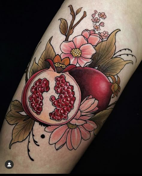 Tattoo Ideas Pomegranate, Pomegranate And Peony Tattoo, Pomegranate Hand Tattoo, Pomegranate And Narcissus Tattoo, Flower And Fruit Tattoo, Snake And Pomegranate Tattoo, Pomegranate Tattoo Persephone, Pomegranate Tattoo Meaning, Dragon Fruit Tattoo