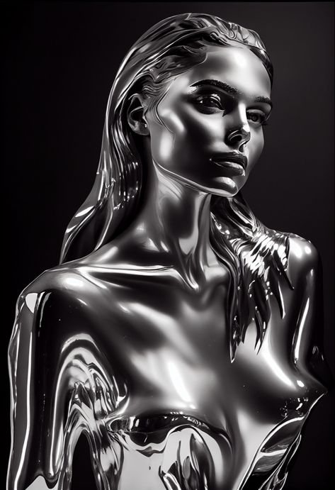 Chrome Painting Art, Chrome Person, Chrome Portrait, Chrome Artwork, Chrome Drawing, Metallic Photoshoot, Chrome Photoshoot, Wallpaper Chrome, Chrome Painting