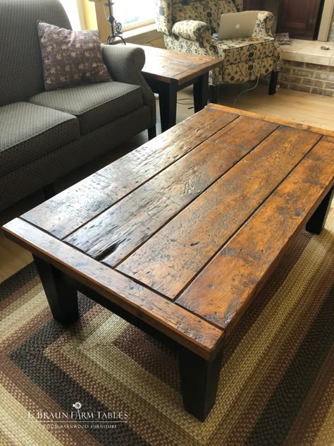 Perfectly imperfect, this reclaimed barn wood coffee table adds style to nearly any type of decor. Custom handcrafted using reclaimed barn wood, in the heart of Amish country, Lancaster County, Pennsylvania - www.braunfarmtables.com Barn Wood Coffee Table, Barnwood Coffee Table, Country Coffee Table, Rustic Farm Table, Wood Coffee Table Rustic, Coffee Table Pictures, Rustic End Tables, Pine Coffee Table, Rustic Farmhouse Table