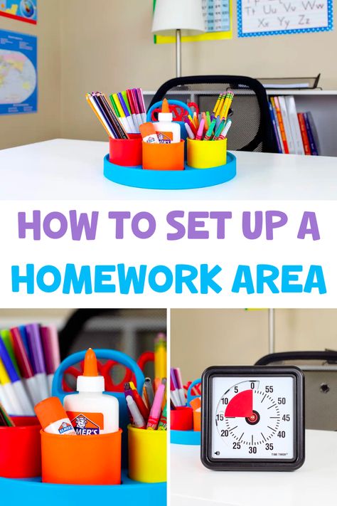 Creating a kids homework station allows your child to develop positive study skills and productive work habits. Today, I am sharing how to create a kids homework area that your child will love. This homework area is great for kids of all ages. This kids homework station can be made with an IKEA desk or any other desk you find. Get your kids involved to give them ownership of their space. Homework Station In Living Room, Kitchen Island Homework Station, Homework Space For Kids, Kindergarten Homework Station, Kids Desk Ideas Homework Station, Kids Desk Area In Bedroom, Homework Station For Kids, Kids Desk Ideas, Kids Study Room Ideas