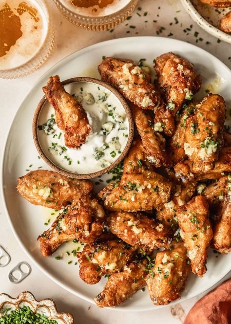 These garlic butter chicken wings are baked in the oven or air fryer until they're nice and crispy. They're flavorful & great for parties! Garlic Butter Chicken Wings, Chicken Wings Oven, Butter Chicken Wings, Oven Chicken Wings, Boneless Chicken Wings, Wings In The Oven, Baked Wings, Crispy Garlic, Crispy Wings