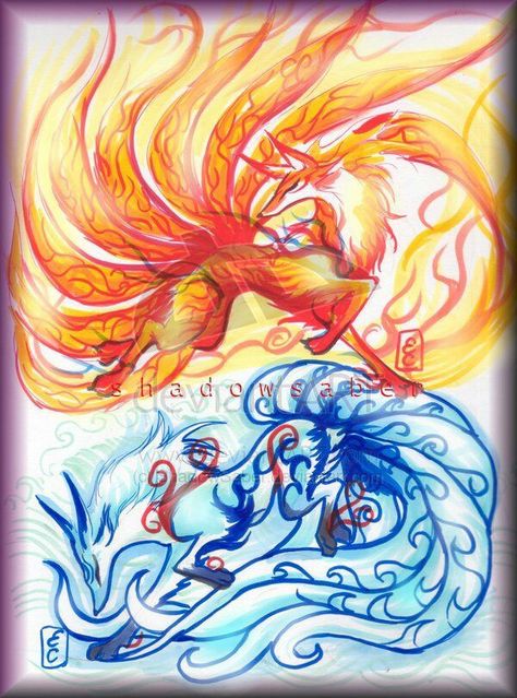 Kitsune vs Nogitsune Water Kitsune, Fire Kitsune, Mythical Creatures Fantasy, Kitsune Fox, Fantasy Tattoos, Fox Spirit, Mythical Animal, Cute Fantasy Creatures, Anime Animals