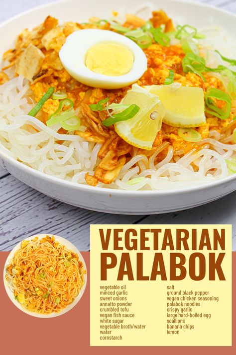 Try this quick and easy Vegetarian Palabok recipe, a Filipino noodle dish that is made with cornstarch noodles, tofu and delicious vegetarian palabok sauce. It's a great dish for fiestas, potlucks and special occasions. Enjoy! Vegetarian Potluck Dishes, Vegan Filipino Recipes, Palabok Sauce, Vegetarian Pancit, Vegan Seasonings, Palabok Recipe, Pancit Palabok, Pancit Recipe, Food Essentials