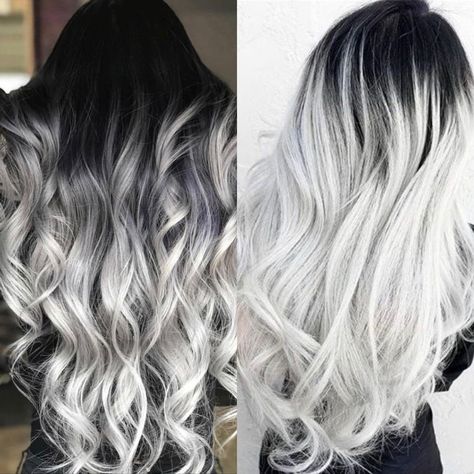 Dark Roots To Platinum Blonde, Silver Blonde Dark Roots, Ice White Balayage, Black And Platinum Balayage, Black To Platinum Balayage, Black And White Ombre Hair, Silver Platinum Hair Dark Roots, Platinum Hair Dark Roots, Escher Necromunda