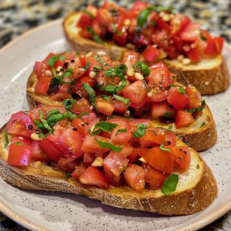 Toasted Baguette Slices, Fresh Bruschetta, Baguette Slices, Toasted Baguette, Basil Olive Oil, Bruschetta Ingredients, Instagram Recipes, Twisted Recipes, Sliced Baguette