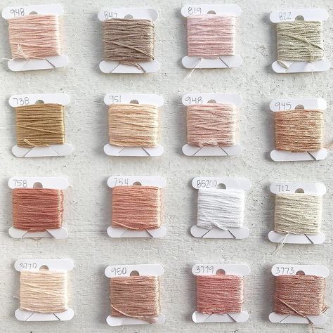 We adore this neutral colour palette of DMC embroidery floss. Photo via @madebyhaileyjane Embroidery Colour Palette, Colour Combination Palette, Embroidery Palette, Pastel Pink Palette, Embroidery Floss Palette, Dmc Floss Palette, Dmc Thread Color Palettes, Dmc Colour Palettes, Dmc Color Palette Embroidery