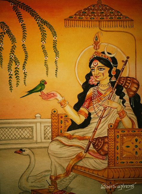 Brahma Saraswati, Maha Saraswati, Devi Painting, Saraswati Painting, Saraswati Mata, Maa Saraswati, Mysore Painting, Tantra Art, Bengali Art