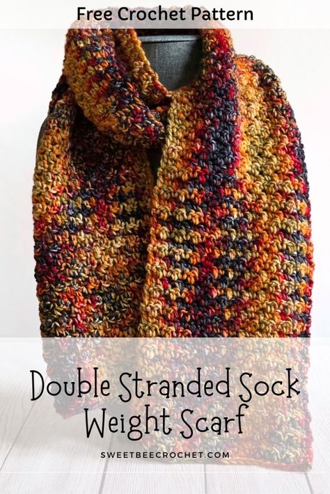 Double Stranded Sock Weight Scarf - Free Crochet Pattern - Sweet Bee Crochet Free Knit Patterns For Scarfs, One Skein Sock Yarn Crochet Patterns, Crochet Blanket Scarf Pattern, Wool Scarf Crochet, Bulky Crochet Scarf Pattern Free, Wide Crochet Scarf, Crochet Winter Scarf Pattern, Crocheted Cowls Free Patterns, Crocheted Scarves Free Patterns