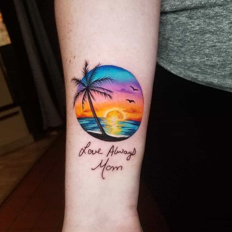 Circular Palm Tree Tattoo 2 Beach Tattoo Watercolor, Jamaica Tattoo, Palm Tree Tattoos, Beach Inspired Tattoos, Beach Tattoo Ideas, Tattoo Colors, Beachy Tattoos, Beach Tattoos, Tropical Tattoo