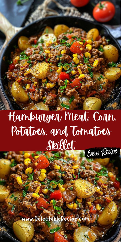 Hamburger And Potatoes Skillet, Hamburger And Corn Recipes, Hamburger Meat With Potatoes, Hamburger And Potato Recipes Skillet, Hamburger Potato Skillet, Hamburger Skillet Meals, Burger And Potato Recipes, Ground Meat And Potatoes Recipes, Hamburger Meat And Potatoes Recipes