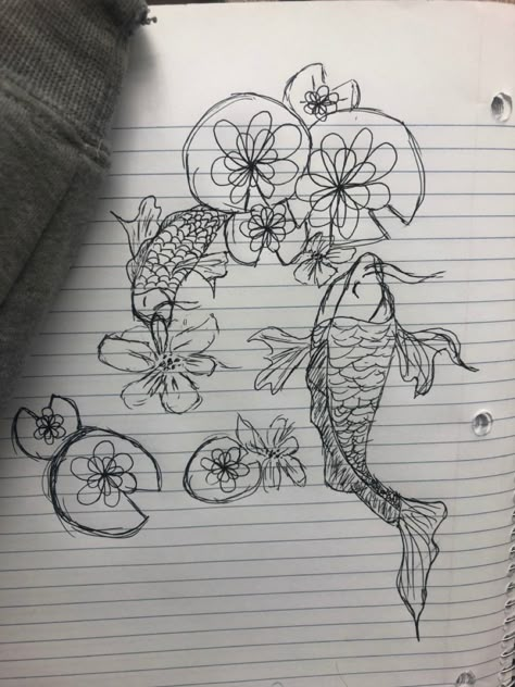 Drawing of Koi fish with lily pads. Done during a boring math class. Lilly Pad Flowers Drawing, Lily Pad Tattoo Design, Koi Fish With Lilly Pads Drawing, Lily Pad Tattoo Simple, Lily Pad Flower Tattoo, Lilly Pad Drawings, Koi Fish Pond Tattoo, Lily Pads Tattoo, Lily Pad Sketch