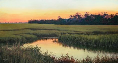 Marsh coastal art painting bog sun grass reed sedge water swamp bayou scene view vista Marsh Scenes Paintings, Birthday Character, Coastal Art Painting, Aesthetics Pictures, Marsh Landscape, Marsh Art, Marsh Painting, Nursery Painting, Haint Blue