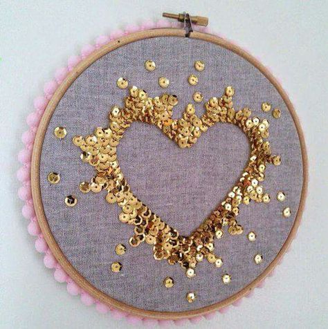 Gold heart sequin embroidery Sequin Art, Tambour Embroidery, Bead Embroidery Patterns, Art Embroidery, Pola Sulam, 자수 디자인, Embroidery Jewelry, Hand Embroidery Stitches, Hand Embroidery Design