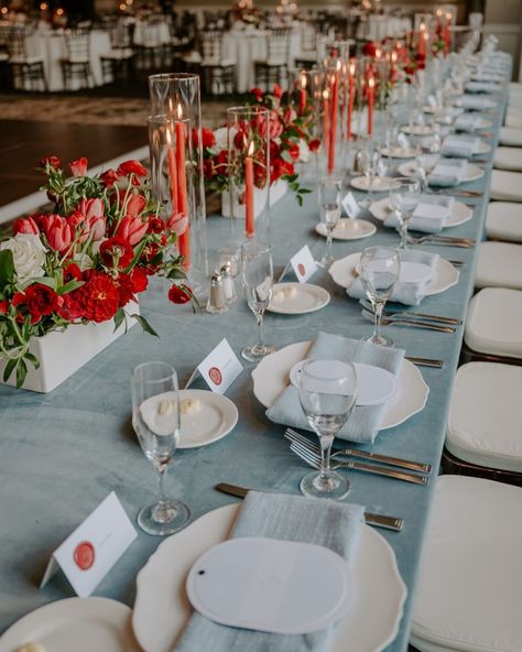 Perfectly placed settings all in row for L&S; loved seeing this red, white & blue palette come together Photo: @mkf.photo Planning: @everlastingeventsohio Venue: @dreespavilionky Catering: @elegantfare Florals: @ginalynnedesign Linens: @primetimepercincinnati Blue Red Green Wedding, Wedding Red And Blue, Red And Blue Table Setting, Red White And Blue Tablescapes, Blue Winter Wedding Theme, Red Blue Wedding, Light Blue And Red Wedding, Blue And Red Wedding, 4th Of July Wedding Ideas