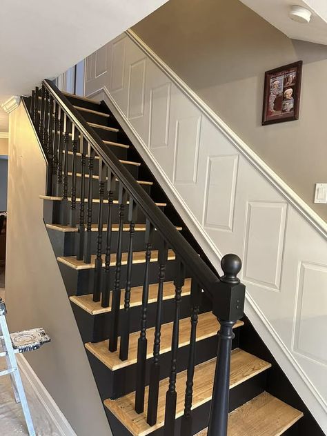 Home Design and Decor | Can someone make this custom panel black | Facebook Black Wall Paneling, Stairs Black, Black Stair Railing, Black Stairs, Blue Lake, Black Panels, Stair Railing, Black Wall, Railing