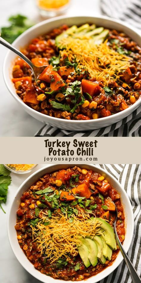 Turkey Sweet Potato Chili - an easy, healthy and delicious comfort food soup and stew recipe, perfect for the chilly Fall weather! Sweet potatoes, ground turkeu, roasted corn, and tomatoes in a thick hearty broth. #soup #stew #chili #turkey #sweetpotato #healthy #easydinner #quickmeal #30minutemeal #recipe #joyousapron Trader Joes Fall Recipes, Fall Stew Recipes, Potato Chili Recipe, Chili No Beans, Turkey Sweet Potato Chili, Sweet Potato Chili Recipe, Chili Turkey, Chili Healthy, Hot Dog Recipe