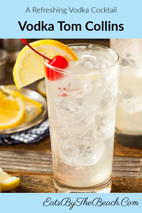 Tom Collins Recipe Vodka, Tom Collins Drink Recipes, Vodka Soda Recipe, Flavored Vodka Drinks, Tom Collins Recipe, Fizz Drinks, Vodka Collins, Vodka Lemon, Collins Cocktail