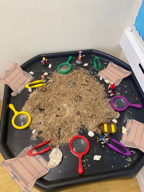 Sand Tray Ideas Eyfs Activities, Easter Sand Tray Eyfs, Magnifying Glass Activities, Sandpit Provocations, Sand Continuous Provision, Materials Tuff Tray, Sand Tray, Money Activities, Early Years Classroom