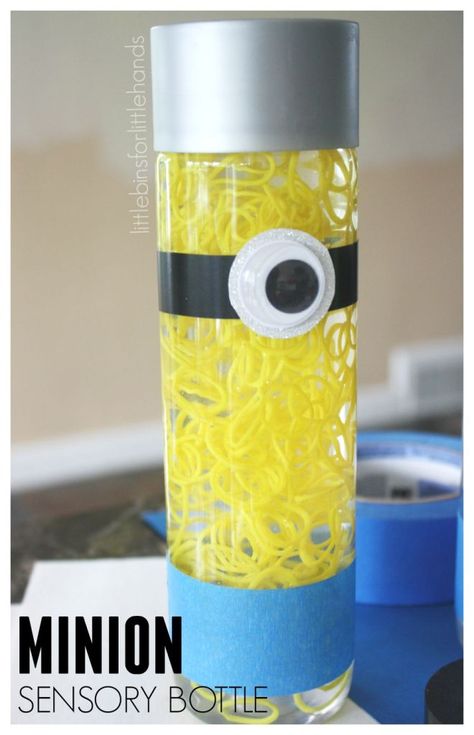 Minion Sensory Bottle Despicable Me Minion Movie Loom Band Activity Calm Down Jar, Sensory Items, Discovery Bottles, Sensory Bottle, Child Life Specialist, Sensory Activities Toddlers, A Minion, Sensory Bottles, Loom Bands