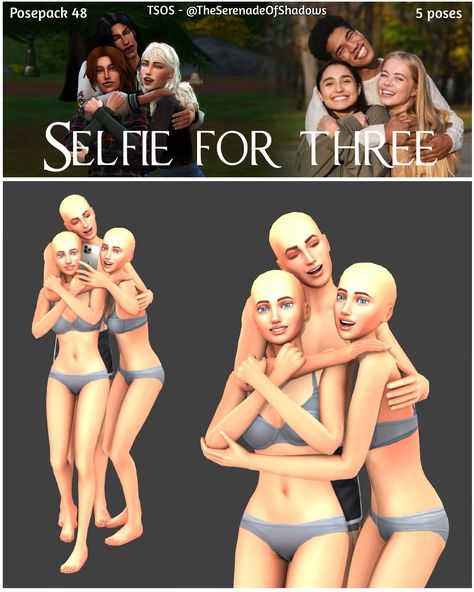 48. Selfie for three - Sims 4 friends poses - Free Request | Patreon 4 Friends Poses, Trio Selfie, Selfie With Friends, Sims 4 Stories, 4 Best Friends, Sims 4 Tsr, Sims 4 Family, 4 Friends, Play Sims 4