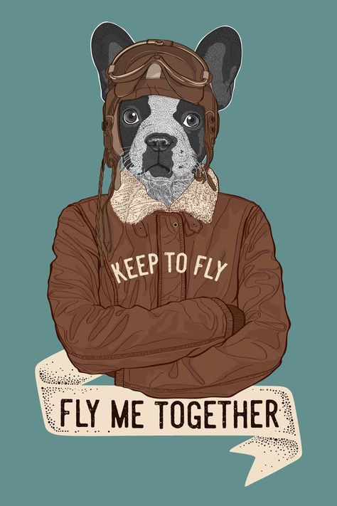 Keep to Fly - Fly me Together, A french bulldog pilot in a vintage style Dog Character Illustration, Lover Illustration, Dog Character, Illustration Dog, Animals Lover, Dalmatian Dog, Military Dogs, Dalmatian Dogs, Guide Dog